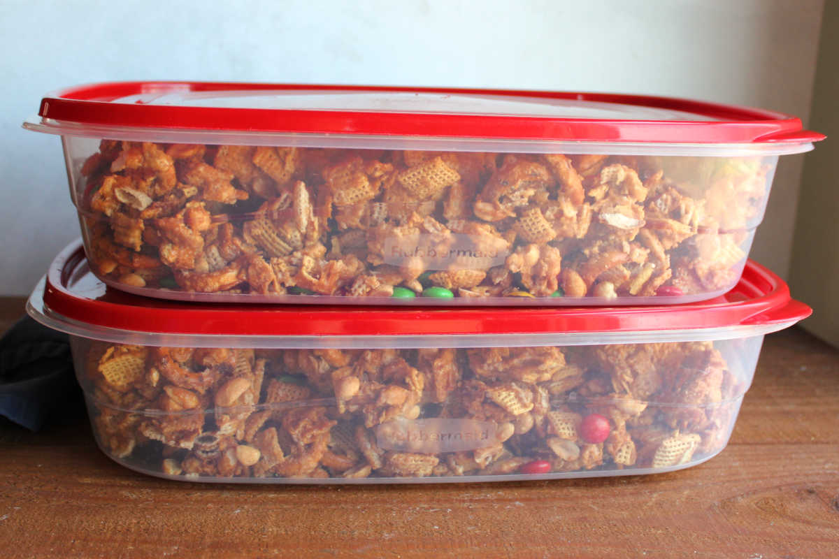 Peanut Butter Chex Mix 7 Two large 9x13-inch storage containers filled with cooled peanut butter chex mix.