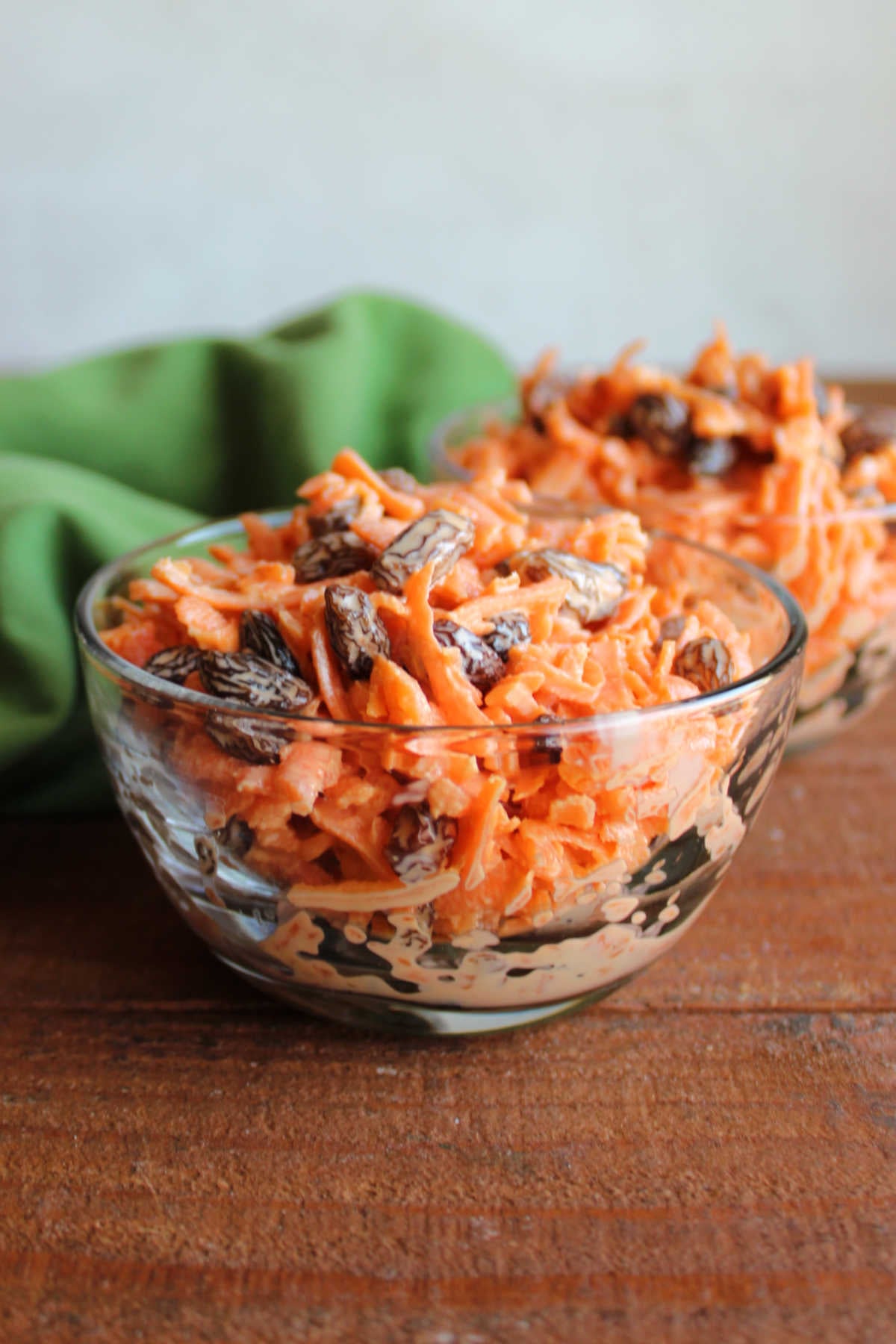 Bowl of carrot raisin salad, ready to eat. 