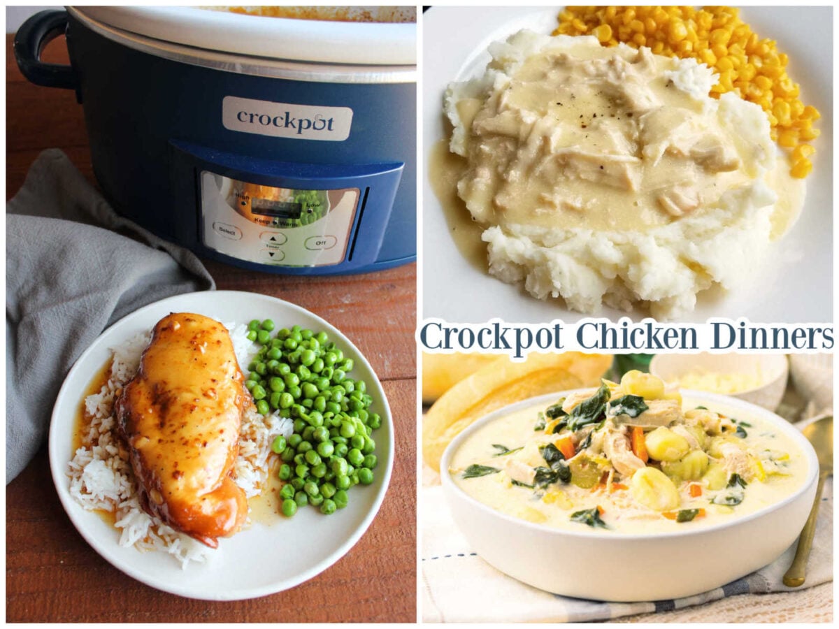 Collage of images including slow cooker garlic chicken, creamy chicken gnocchi soup, and chicken and gravy over mashed potatoes. 