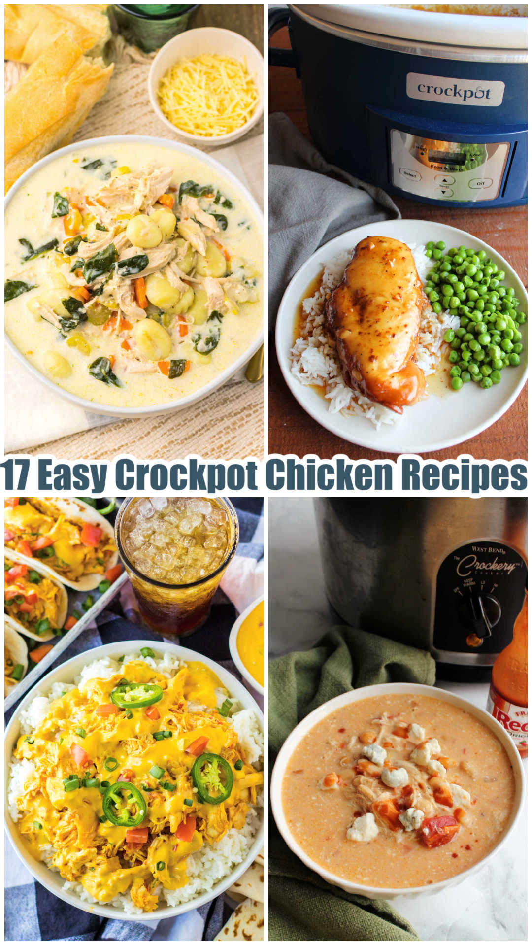 Collage of images including creamy chicken gnocchi soup, garlic chicken, buffalo chicken chili, and queso chicken. 