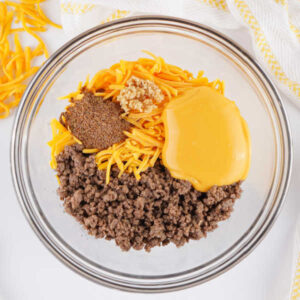 Mixing bowl with browned ground beef, taco seasoning, cheddar cheese, minced garlic, and cheese sauce.