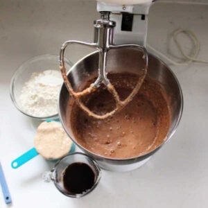 Darker batter after cocoa and cinnamon have been mixed in with flour, sourdough starter, and coffee nearby ready to be mixed in.