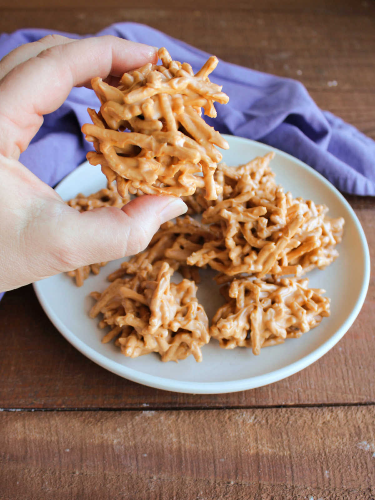 Hand holding a butterscotch haystack cookie, ready to eat. 
