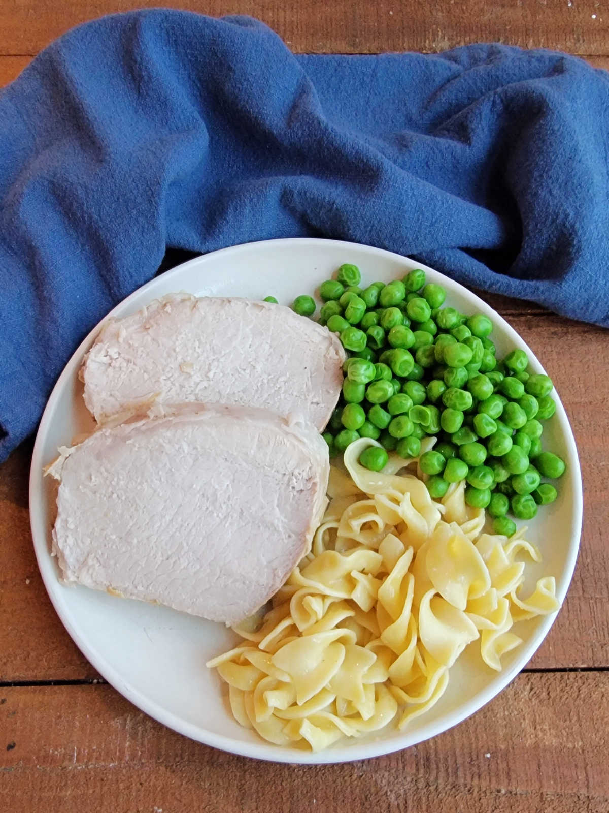 Two slices of slow cooked pork loin on dinner plate waiting to be covered with honey mustard gravy. 
