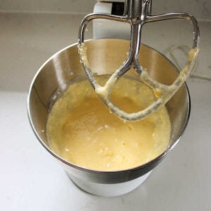 Mixer after the eggs have been mixed into the butter and sugar.