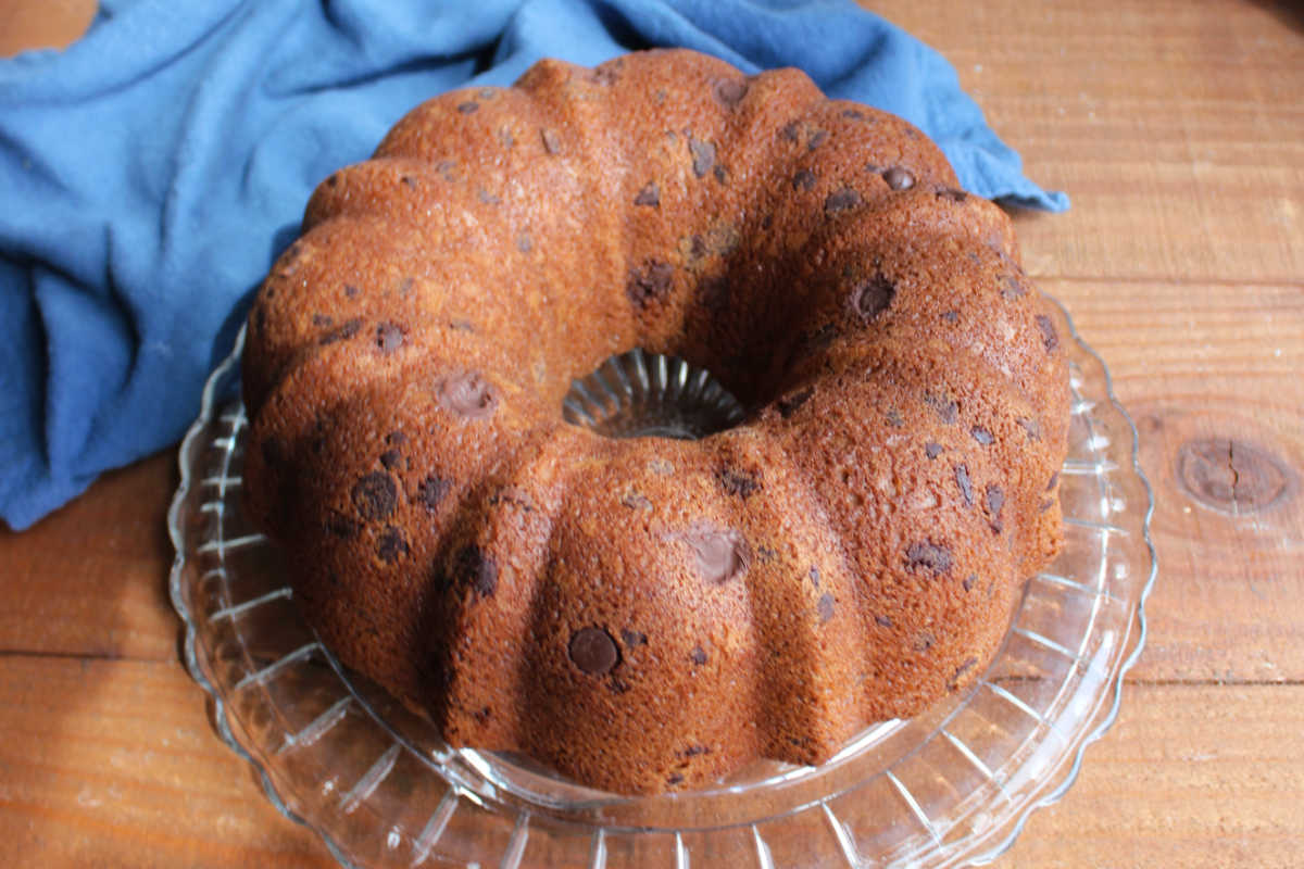 Baked sourdough mocha nut bread turned out of bundt pan showing dots of chocolate chips in brown coffee and chocolate quick bread. 
