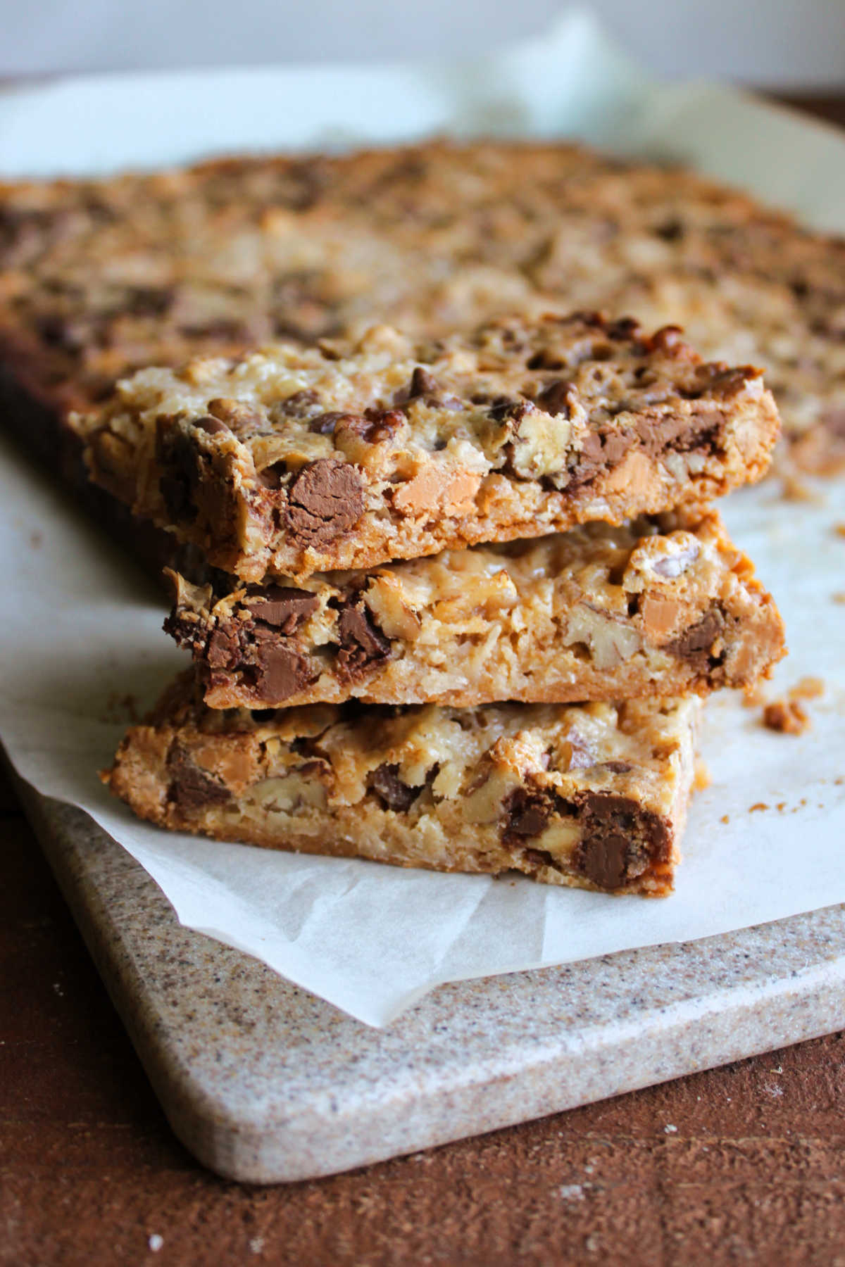 Stack of 7 layer bars ready to eat. 