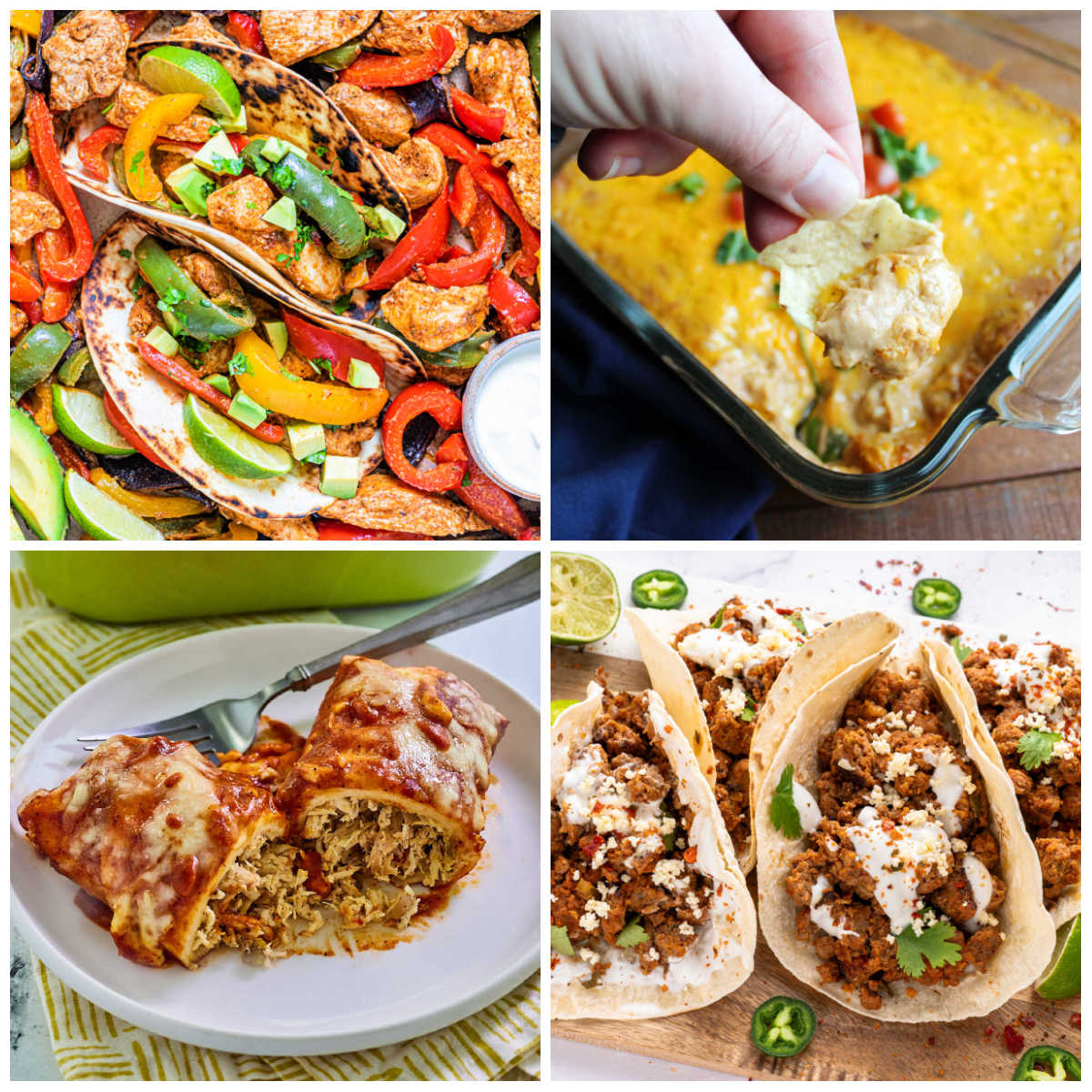 Collage of images including sheet pan chicken fajitas, cheesy bean dip, chorizo tacos, and chicken enchiladas with red sauce.