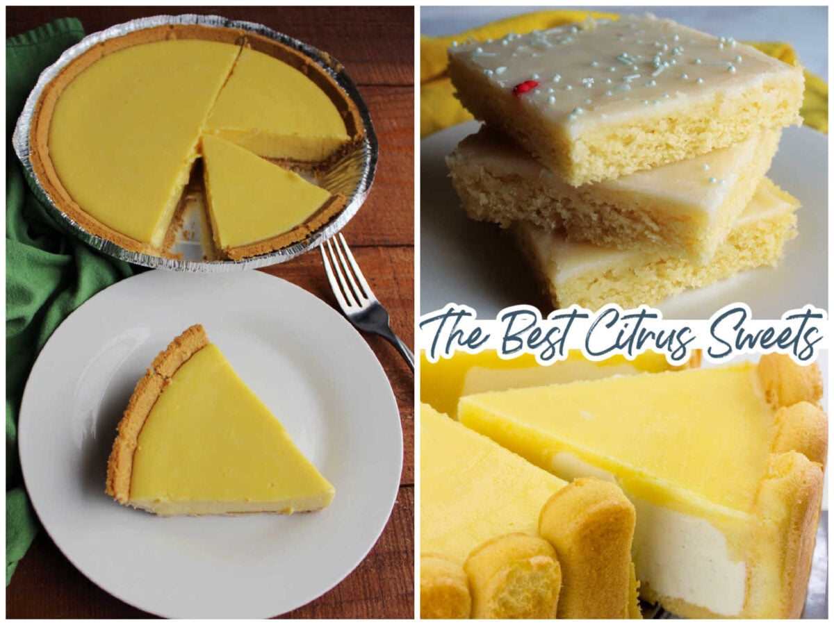 Collage of images including key lime pie, lemon Texas sheet cake, and orange creamsicle no bake cheesecake. 