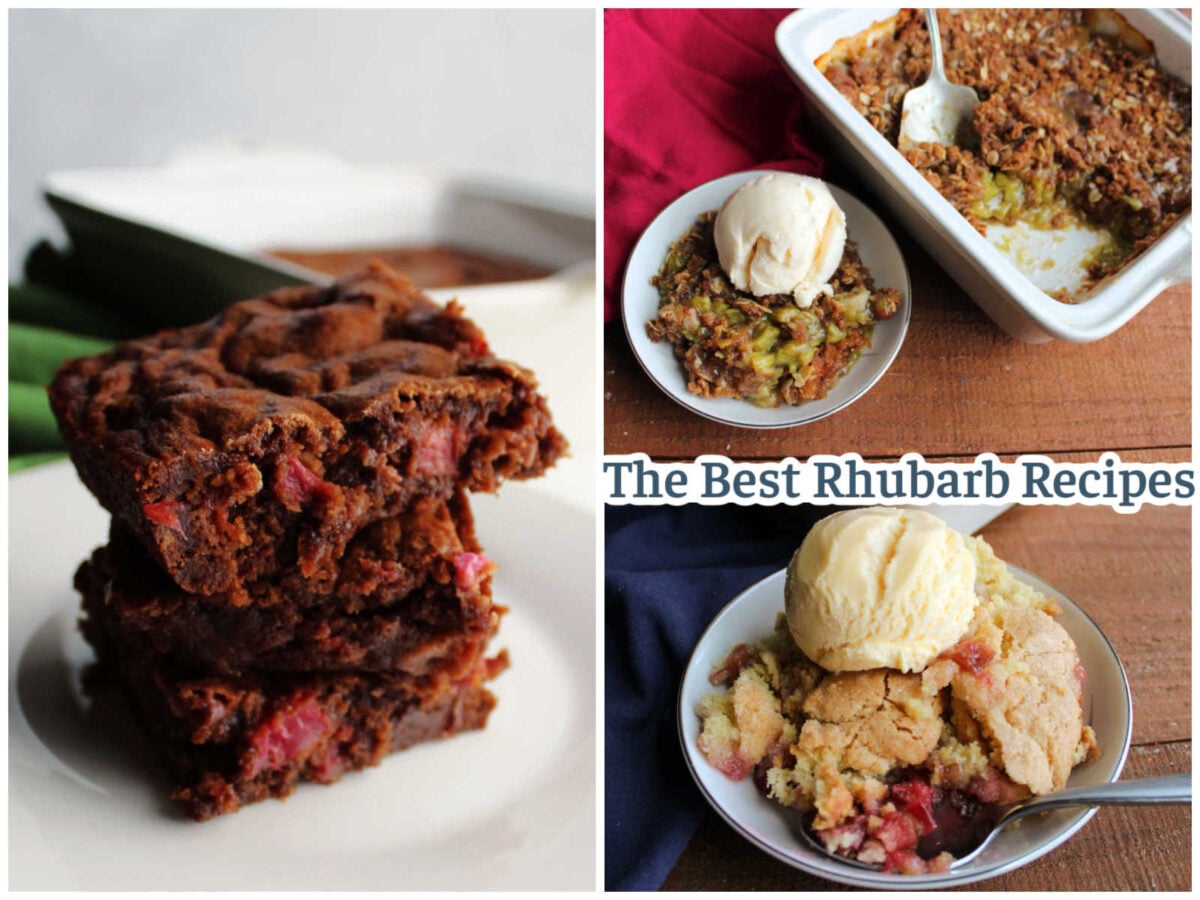 Collage of images including rhubarb brownies, rhubarb crisp, and rhubarb cobbler with text that says "the best rhubarb recipes."