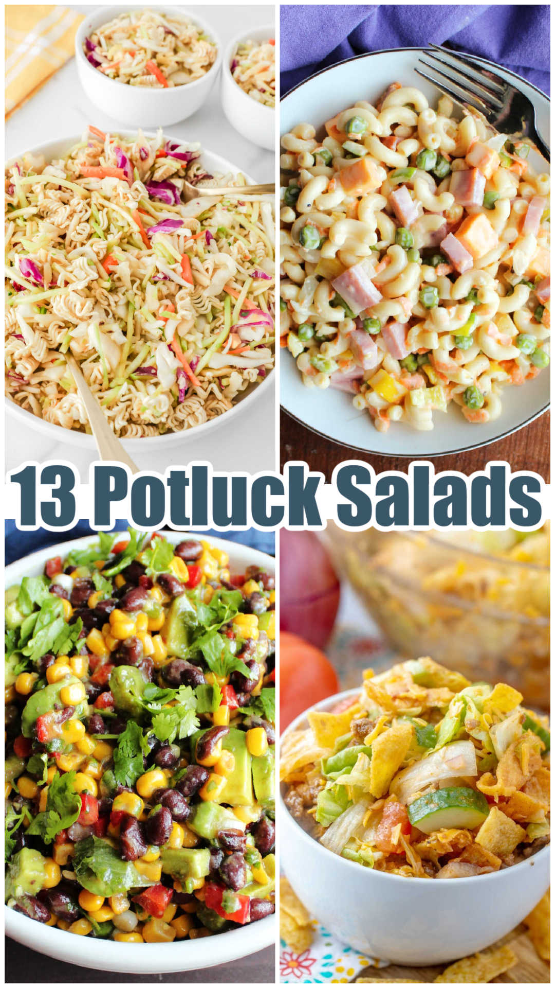 Collage of picnic salads including ramen coleslaw, sweet pasta salad, Frito salad, and black bean and corn salad. 