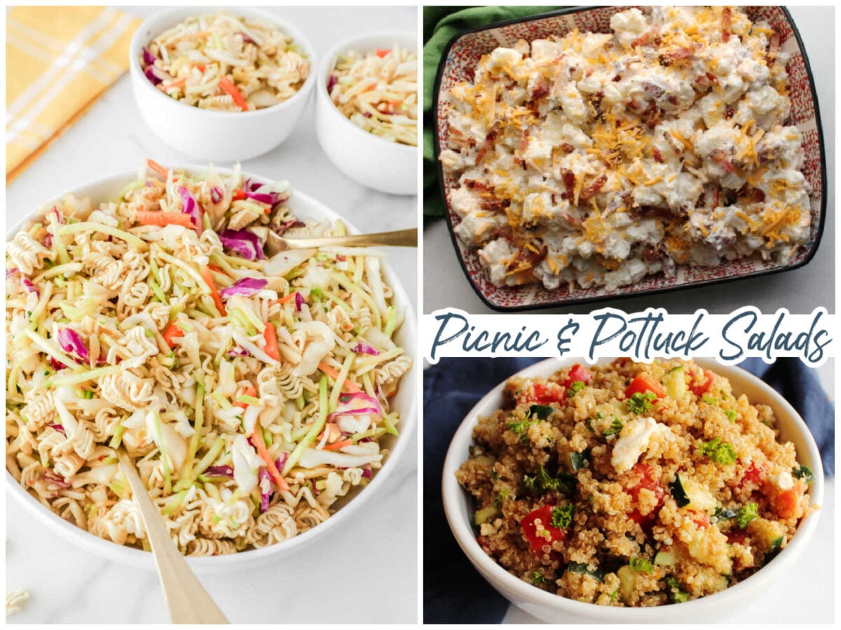 Collage of images including ramen coleslaw, cheddar bacon ranch potato salad, and Mediteranian quinoa salad. 