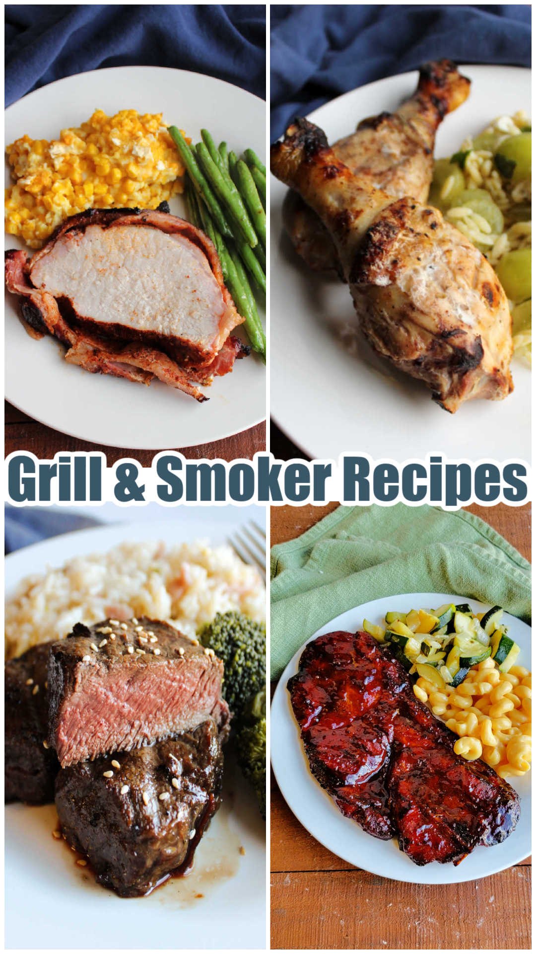 Collage of images including bacon wrapped pork loin, lemon grilled chicken, bbq pork steaks, and bulgogi backstrap. 