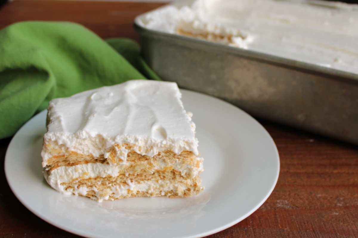 Slice of key lime eclair cake with layers of graham cracker and fluffy key lime filling, ready to eat. 