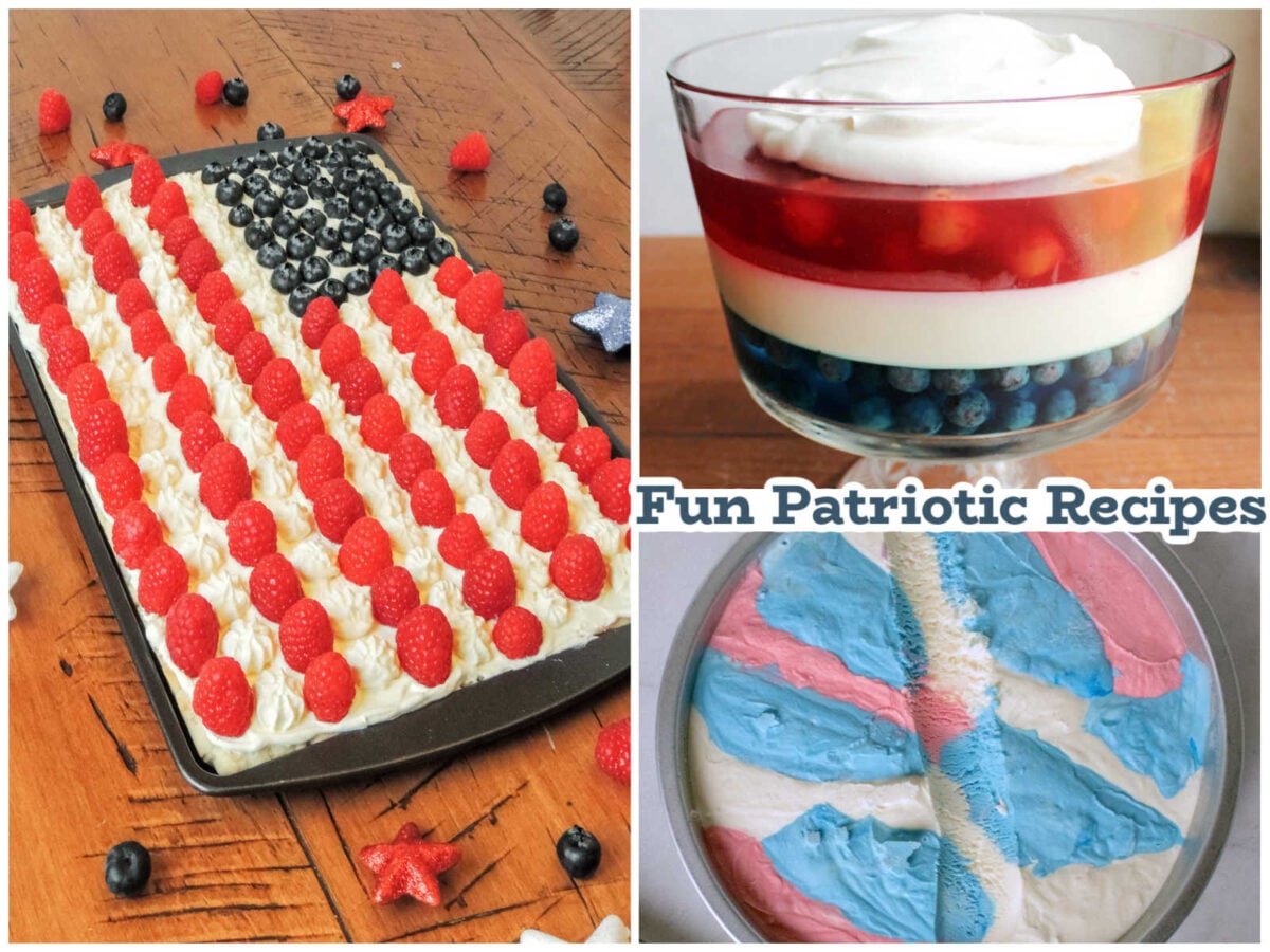 Cookie bars decorated like an American flag, red white and blue layered jello salad, and red white and blue homemade ice cream. 