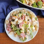 Plate of grinder pasta salad with salami, turkey, cheese, lettuce, tomatoes, red onions, pickled peppers and more with shell pasta in light creamy dressing.