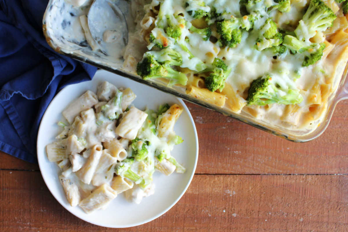 No Boil Chicken Alfredo Bake 5 Plate piled high with creamy alfredo coated rigatoni with chunks of chicken and broccoli next to a casserole dish with more dump and bake pasta inside.