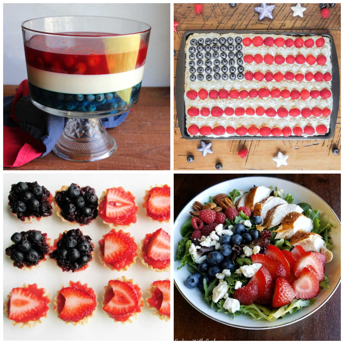 Collage of images including a layered red white and blue jello salad in a trifle bowl, a cookie bar decorated like a flag with berries and frosting, a dinner salad with berries cheese and chicken, and some small two bite pies with blueberries and strawberries arranged like a flag.