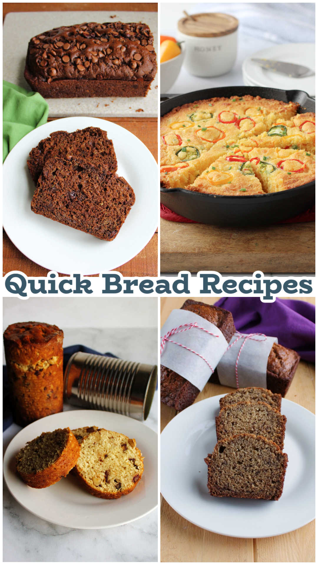 Collage of images including chocolate zucchini bread, loaded cornbread, whole wheat banana bread, and date nut loaves. 