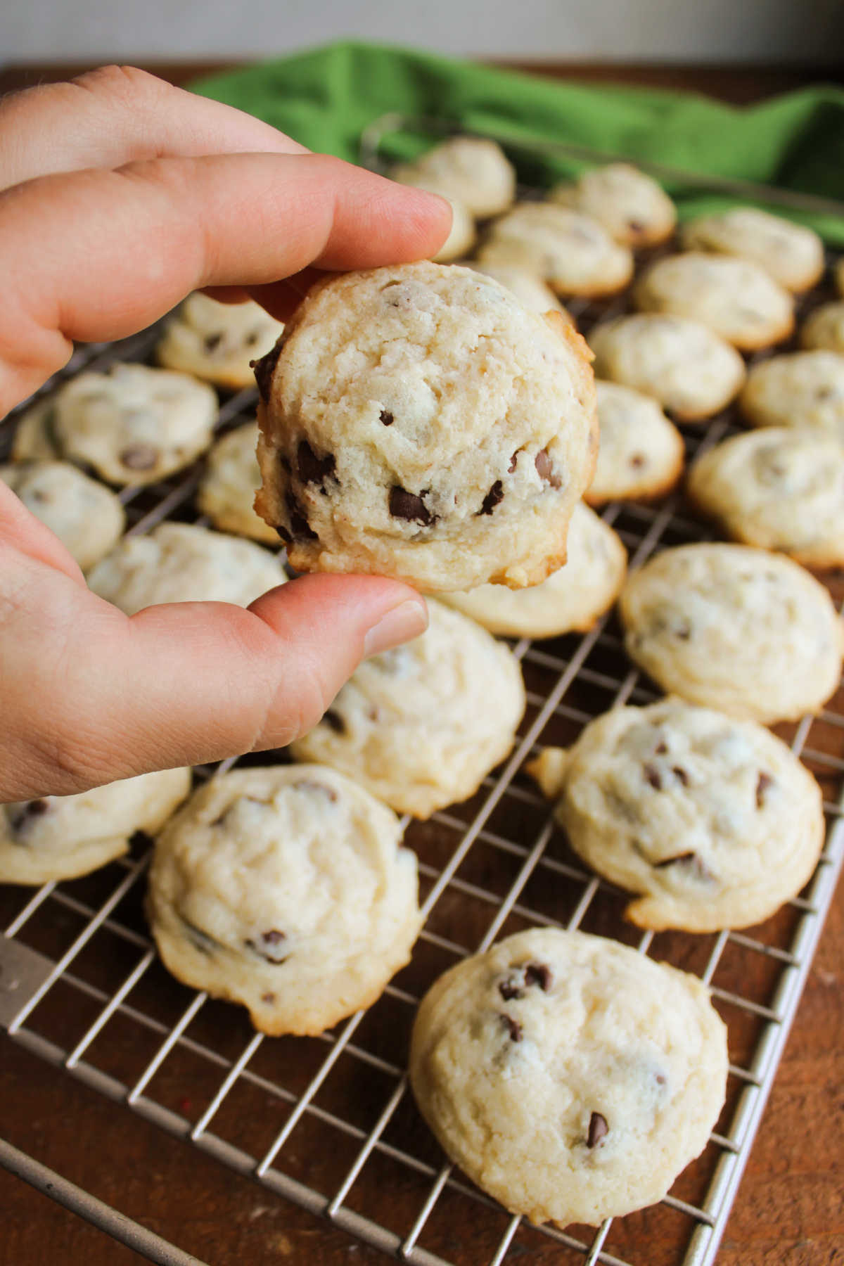 Hand holding a small condensed milk chocolate chip cookies with more cookies cooling on a wire rack in the background. 