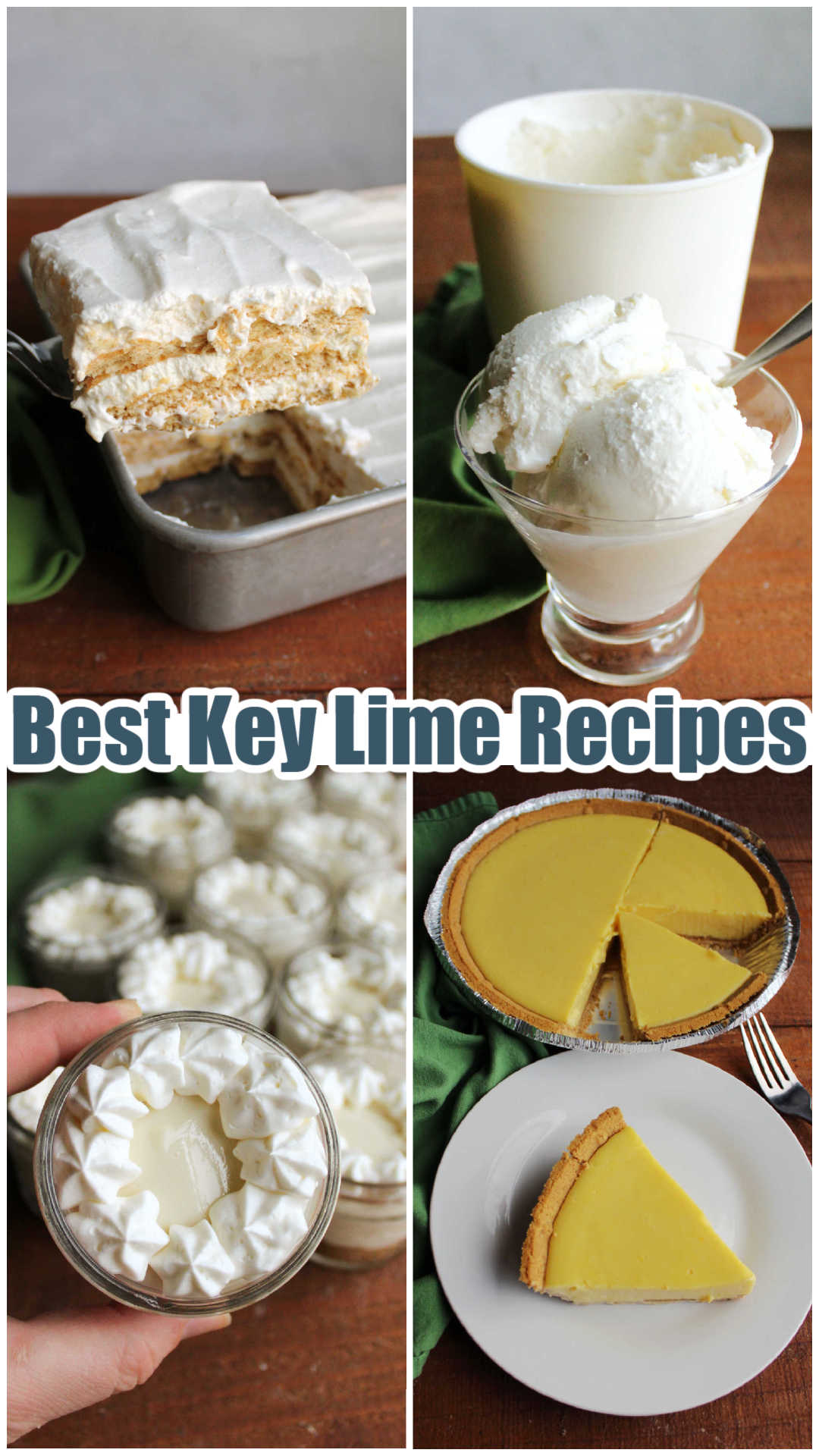 Collage of images including key lime icebox cake, key lime ice cream, key lime pie, and key lime cheesecake jars. 