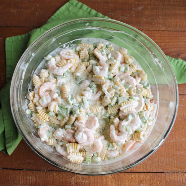 Shrimp Pasta Salad 9 Mixed shrimp pasta salad, ready to be chilled.