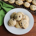 Plate pale condensed milk cookies dotted with chocolate chips, ready to eat.