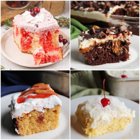 The Best Poke Cakes 1 Collage of poke cake images including cranberry poke cake, rolo poke cake, peanut butter and jelly poke cake, and ambrosia poke cake.