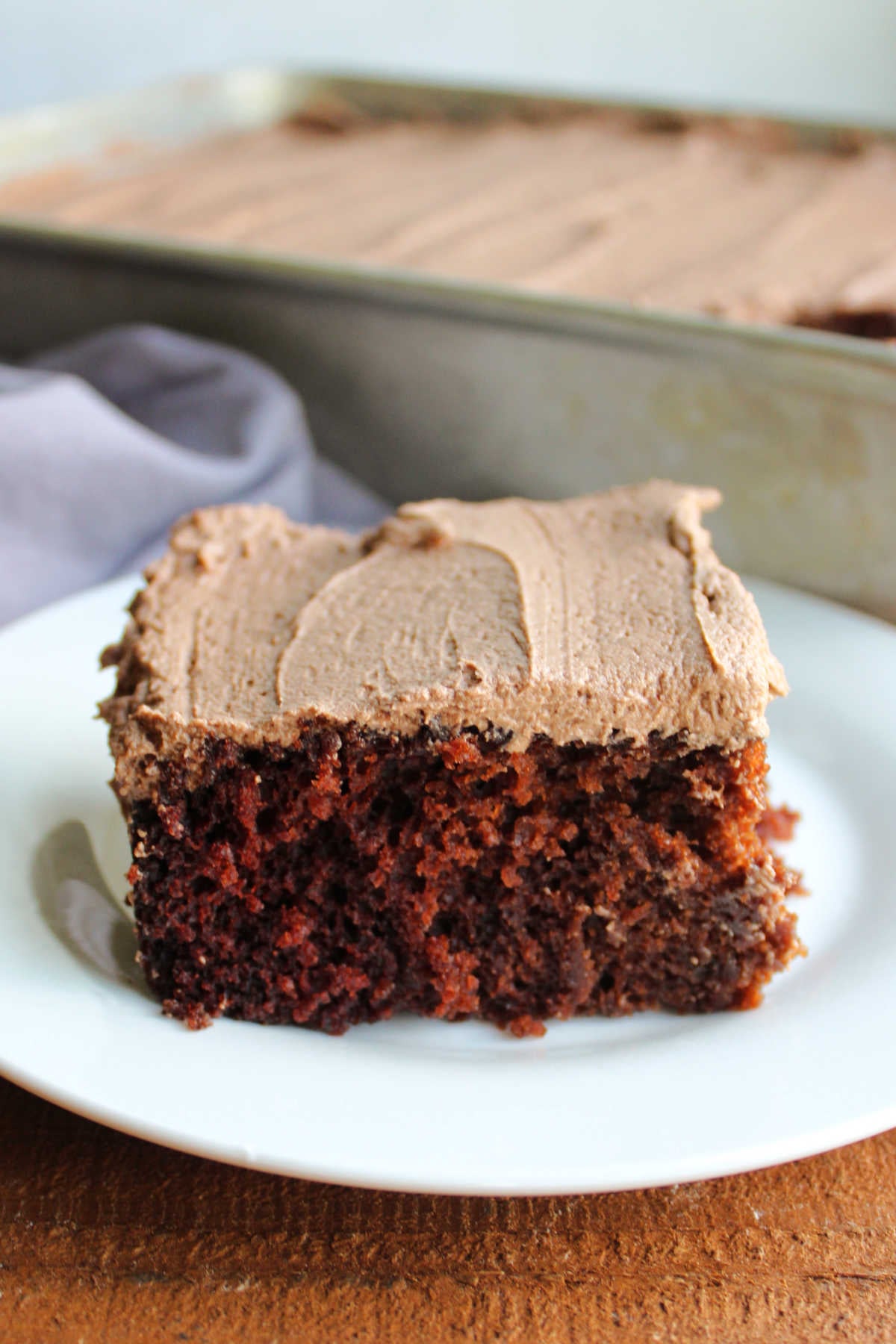 Chocolate daffy cake on plate, ready to eat. 