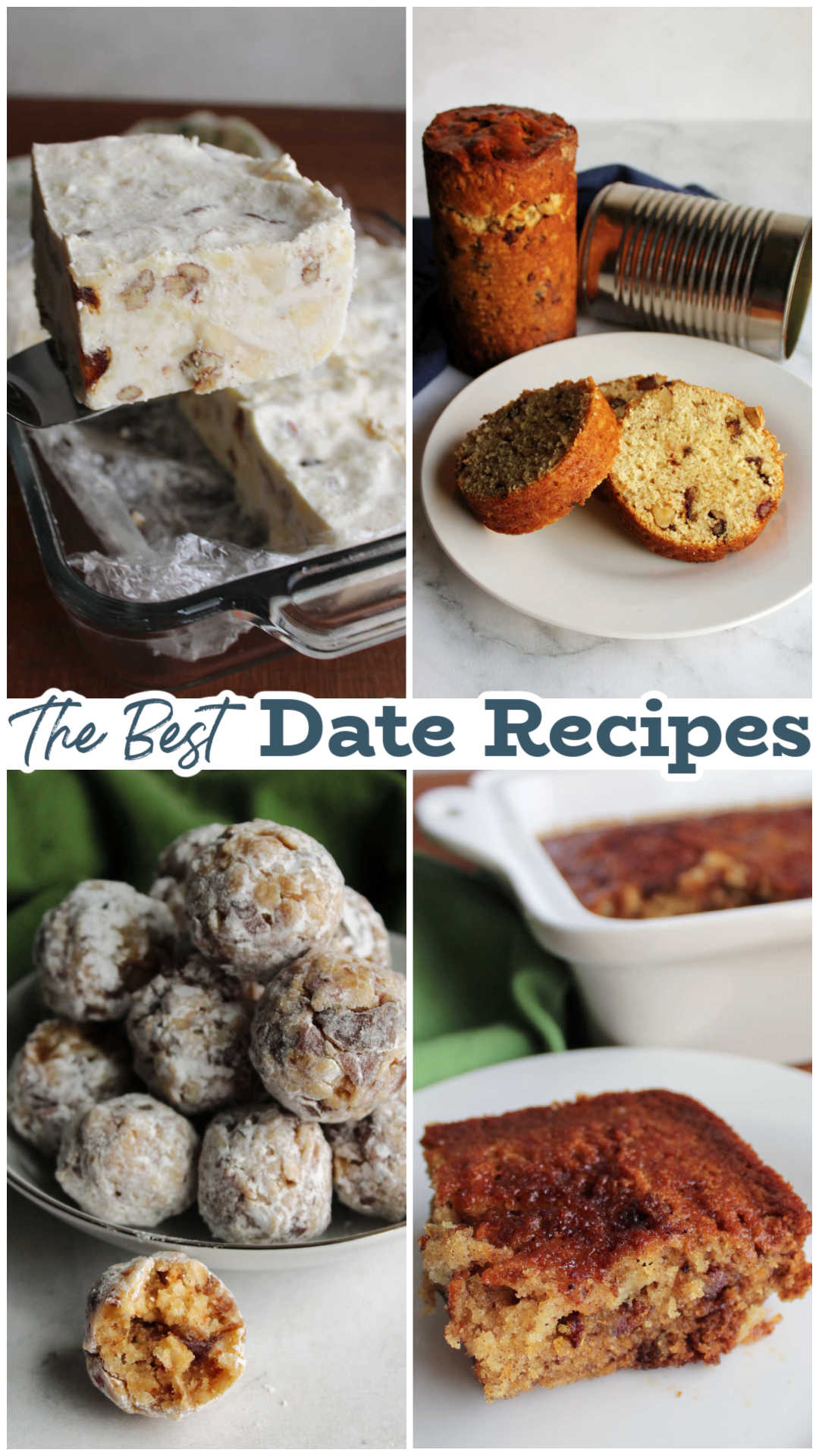 Collage of images including date pudding, date balls, date nut loaves, and frozen date fruit salad.
