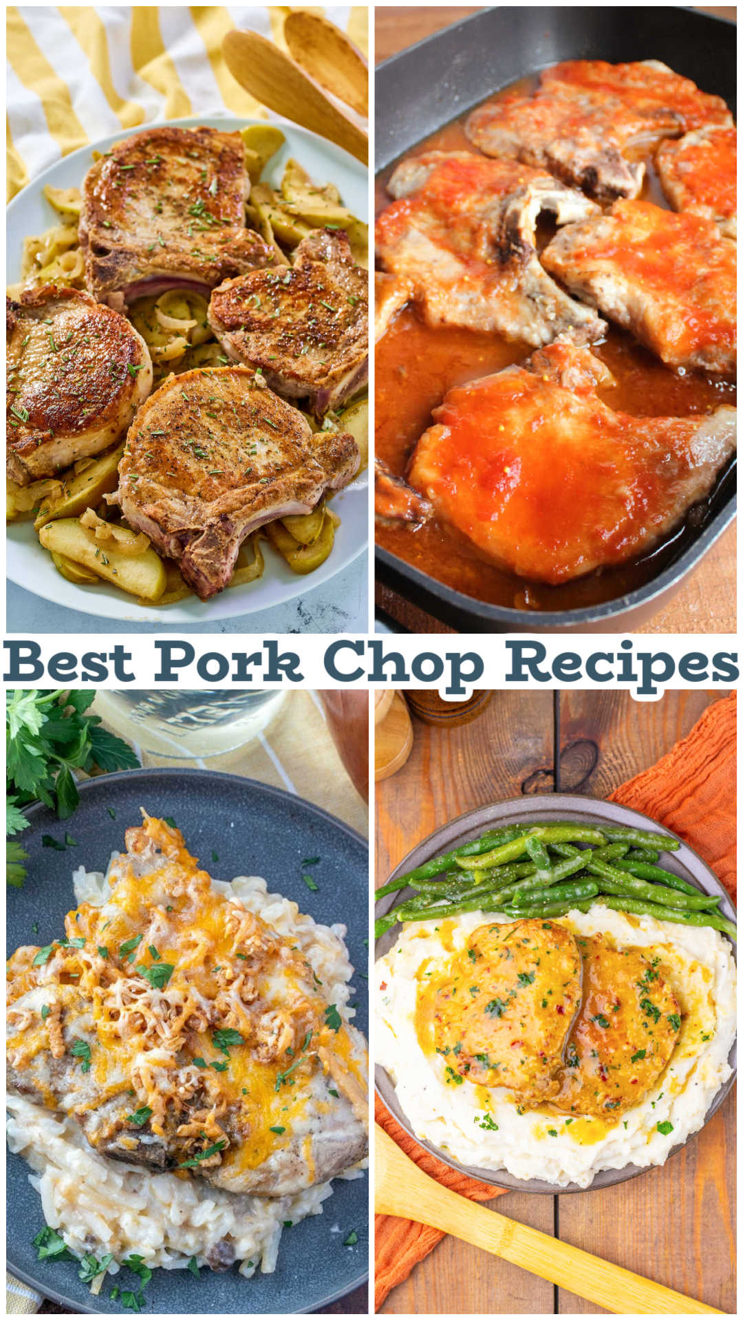 Collage of images including pork chops and apples, sweet and sour pork chops, pork chop and potato bake, and maple dijon pork chops. 