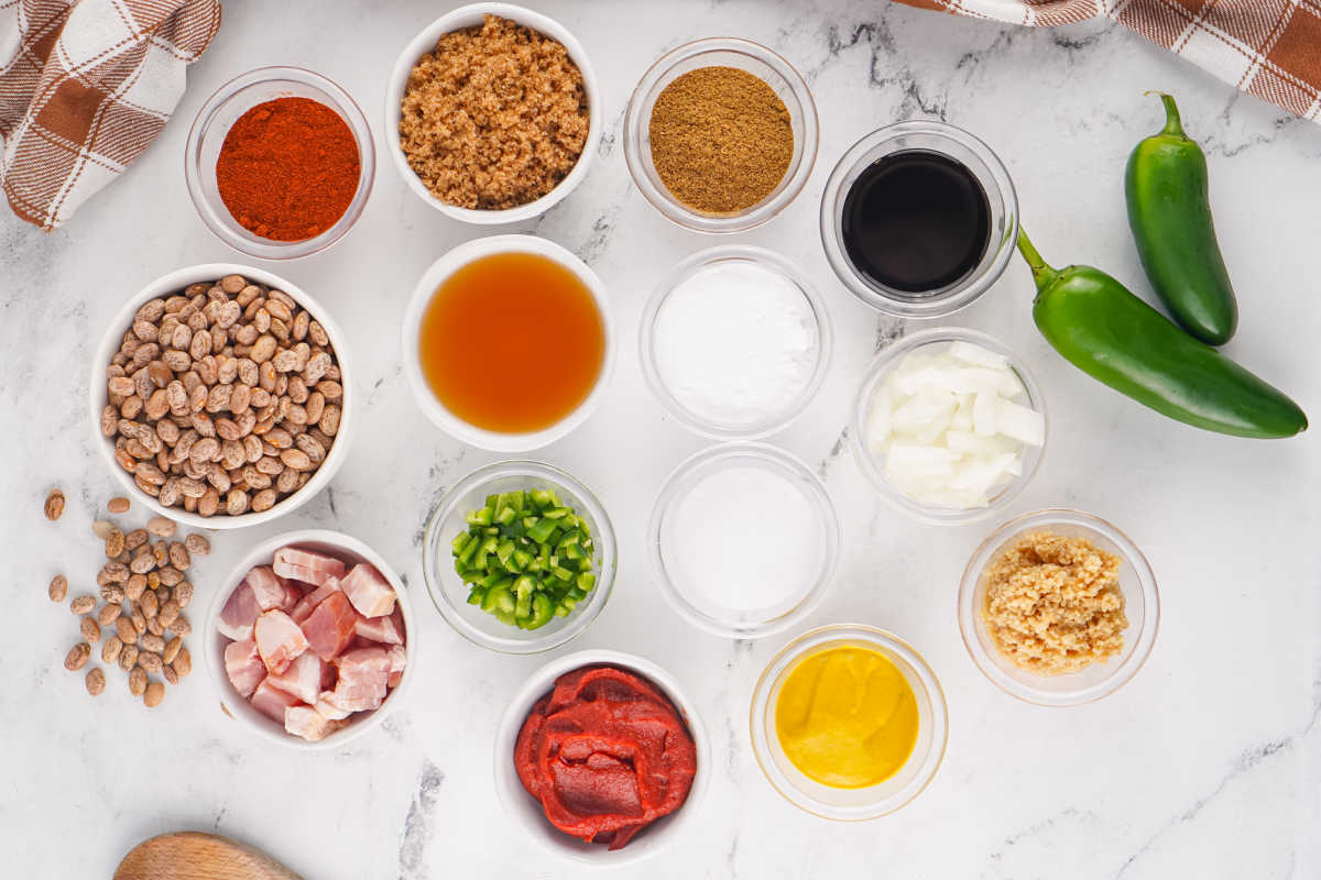 Crockpot Baked Beans With Dried Beans 6 Ingredients including pinto beans, bacon, tomato paste, chicken stock, brown sugar, onion, jalapeno, liquid smoke, mustard and seasonings ready to be made into homemade baked beans in a slow cooker.