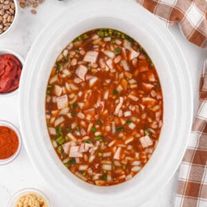Crockpot Baked Beans With Dried Beans 13 Baked bean ingredients in crockpot, ready to cook.