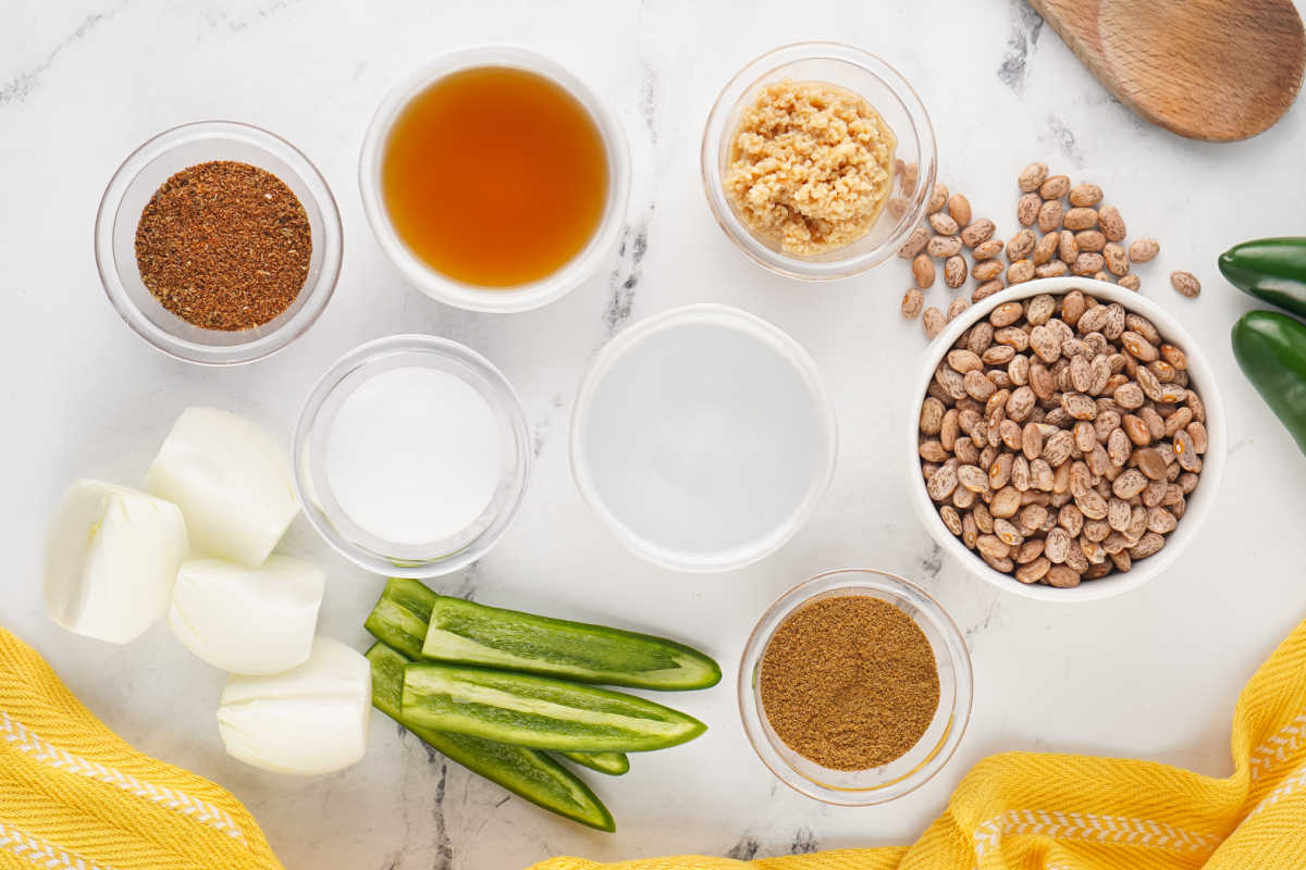 Ingredients including dried pinto beans, water, chicken stock, chopped onion, jalapeno pepper, garlic, taco seasoning, and salt. 