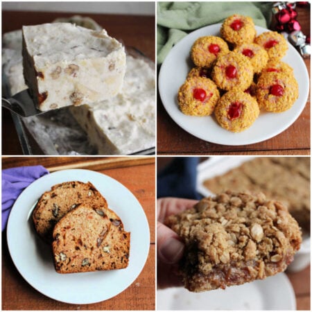 Recipes With Dates 1 Collage of images including frozen date and cheese salad, cherry wink cookies, gooey date bars, and date nut bread.