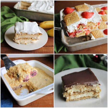 Our Favorite Icebox Cake Recipes 1 Collage of images including banana pudding icebox cake, strawberry shortcake icebox cake, old fashioned cherry icebox cake, and no bake eclair cake.