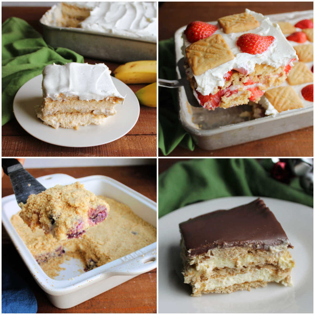 Collage of images including banana pudding icebox cake, strawberry shortcake icebox cake, old fashioned cherry icebox cake, and no bake eclair cake.