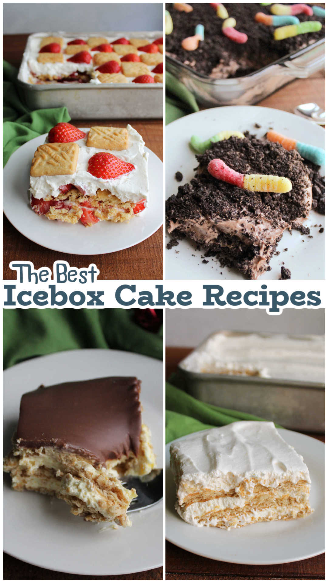 Collage of images including chocolate dirt cake, key lime icebox cake, no bake eclair cake, and strawberry shortcake icebox cake. 