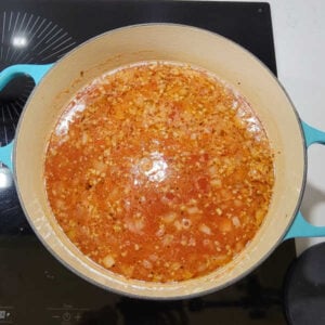 Dutch oven after chicken stock and crushed tomatoes have been added, starting to look like a soup.