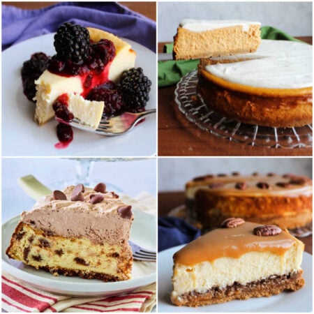 Baked Cheesecake Recipes 1 Collage of images including a slice of cheesecake with blackberry sauce, pumpkin cheesecake, caramel pecan cheesecake, and brownie chunk cheesecake.