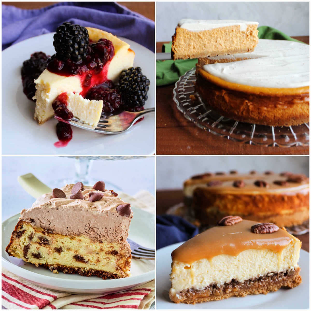 Collage of images including a slice of cheesecake with blackberry sauce, pumpkin cheesecake, caramel pecan cheesecake, and brownie chunk cheesecake.
