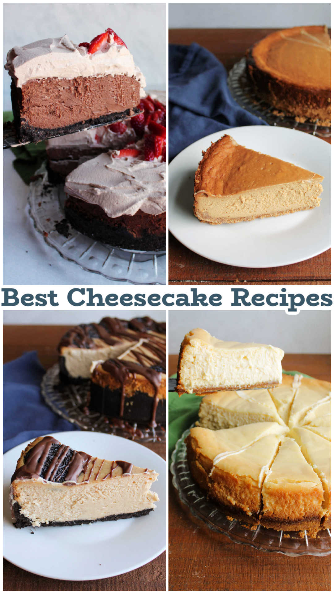 Collage of images including a slice of chocolate condensed milk cheesecake, dulce de leche cheesecake, peanut butter oreo cheesecake, and key lime cheesecake. 