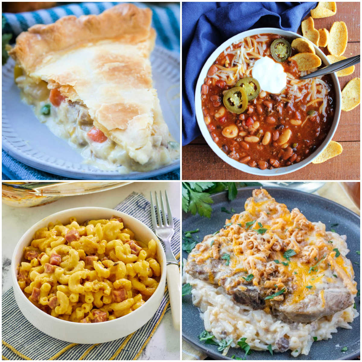 Collage of images including homemade chicken pot pie, venison chili, pork chop and potato casserole, and dump and bake ham and mac casserole.