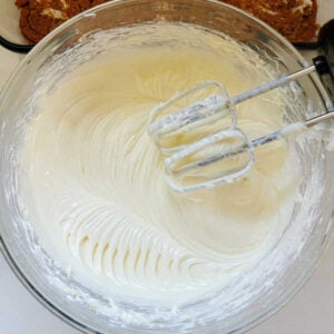 Mixing bowl of fluffy no bake cheesecake filling after it has been whipped.