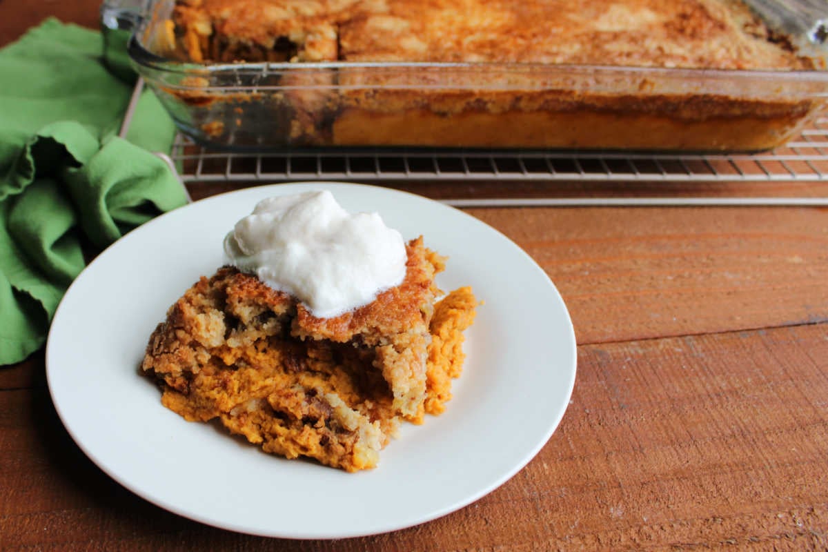 Serving of pumpkin dump cake topped with whipped cream on a small plate, ready to eat. 