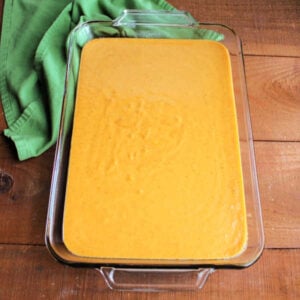 Pumpkin mixture in a glass baking dish.