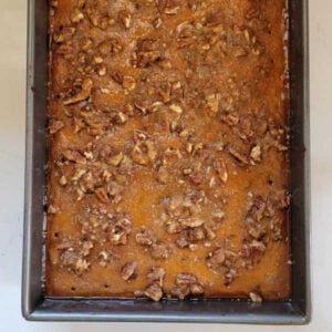 Grandma's Pumpkin Pie Bars 17 Baked pumpkin pie squares ready to be cooled and served.