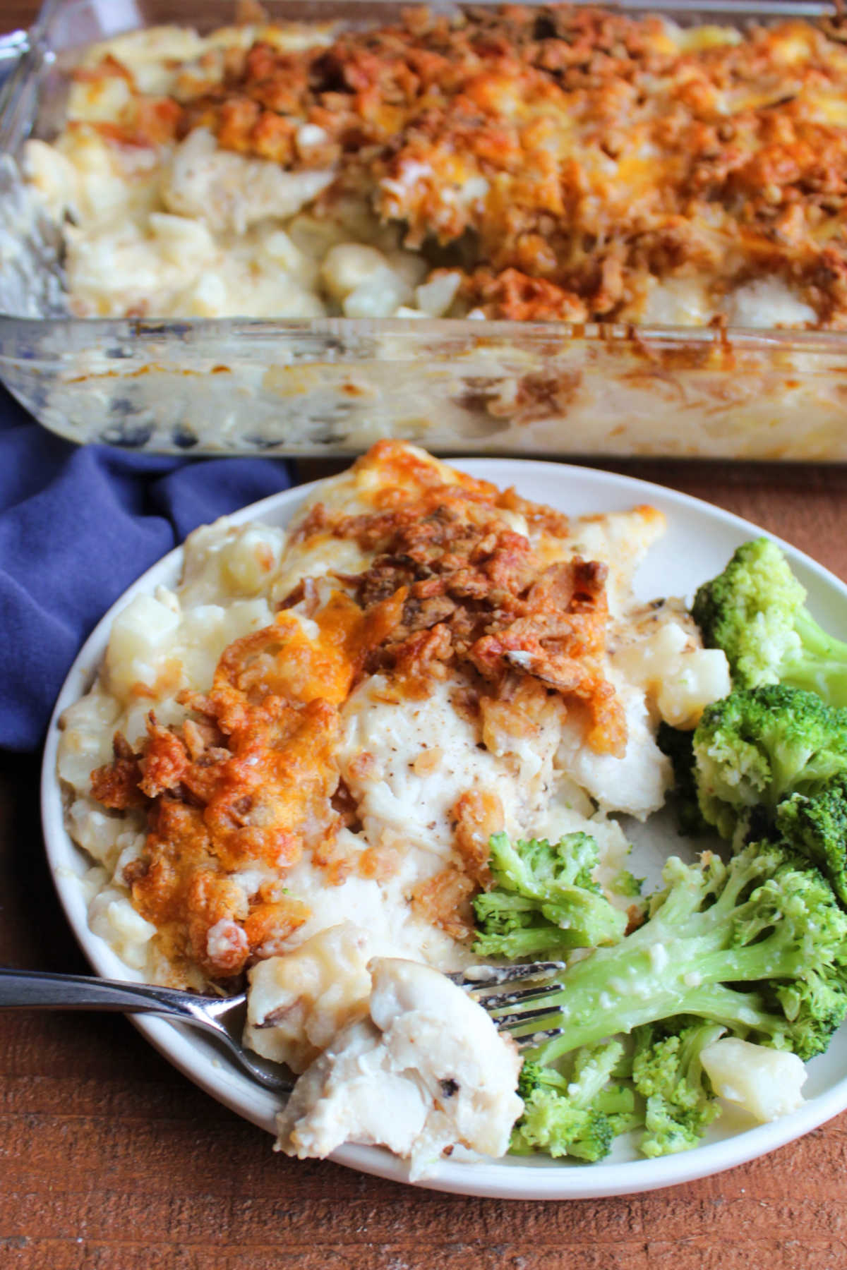 Cheesy Chicken and Potato Casserole 9 Bite of chicken tenderloin and cheesy potato casserole on fork, ready to eat.