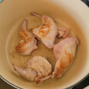 Browning pieces of rabbit in large pot.