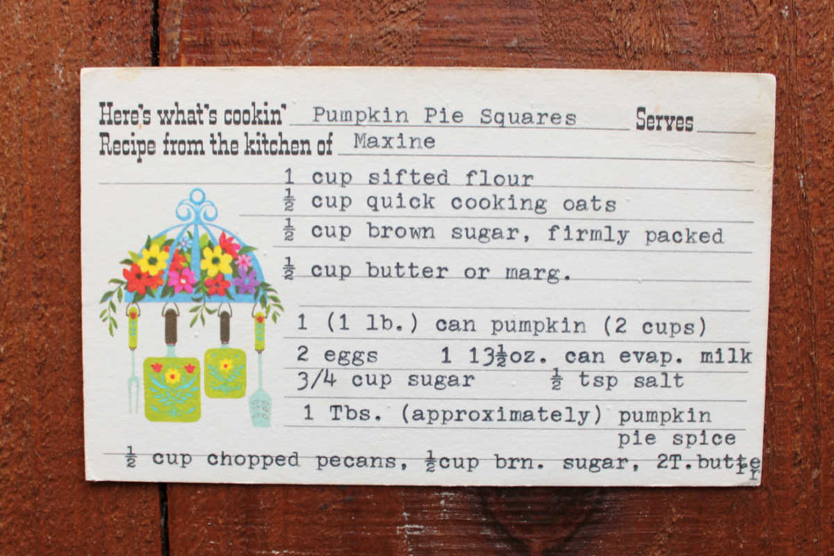 Grandma's Pumpkin Pie Bars 7 Typewritten recipe card for pumpkin pie squares.